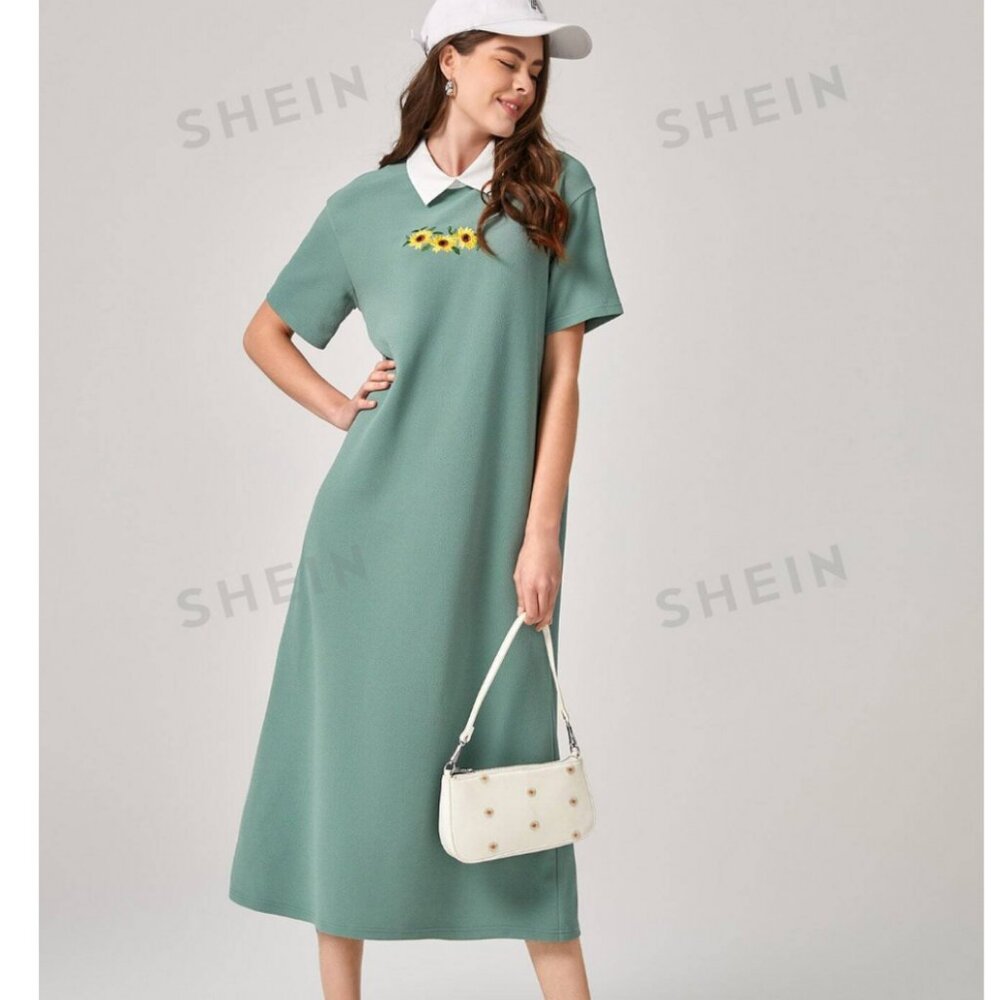 SHEIN Green Floral Embroidery Collar Tee Dress